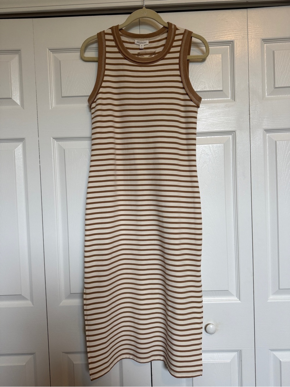 Blu Pepper Striped Sleeveless Midi Dress in Cream and Tan